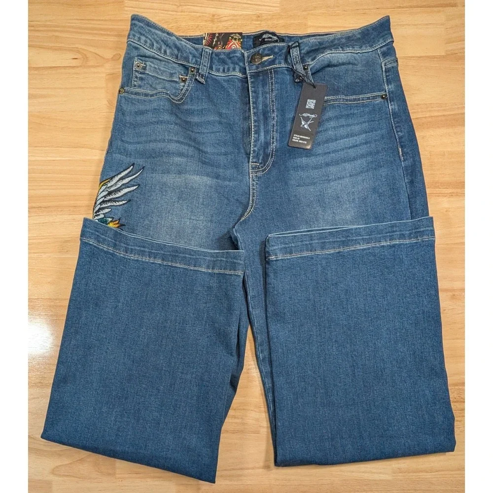 Ed Hardy Mens 32 Wide Leg Embroidered Jeans Medium‎ Vintage Blue NEW